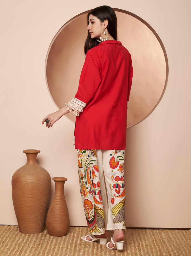 Poshak Hub Women Magenta Co-Ord Set, Shirt Style Tunic with Printed Palazzo