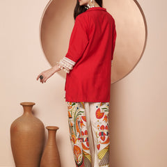 Poshak Hub Women Magenta Co-Ord Set, Shirt Style Tunic with Printed Palazzo