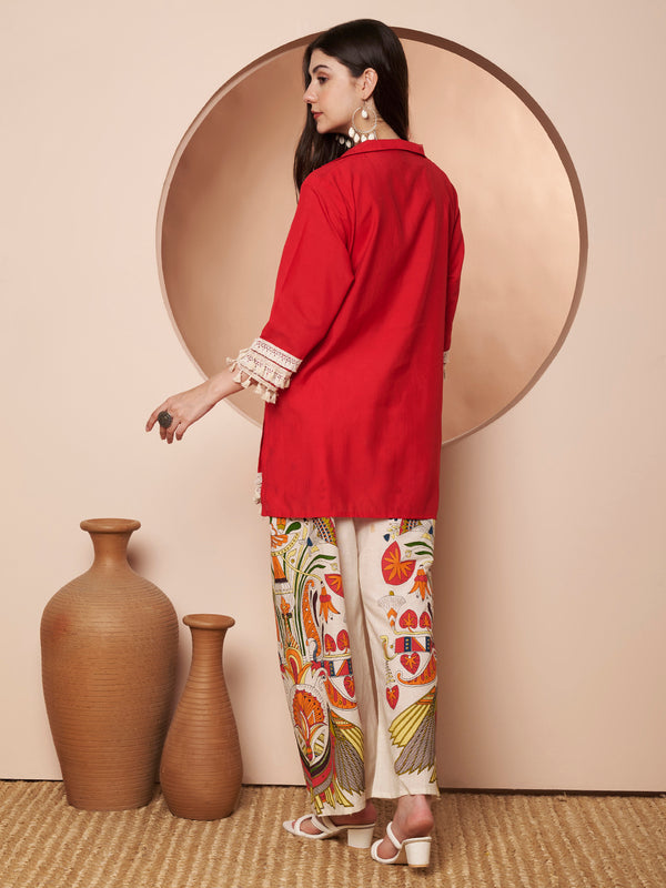 Poshak Hub Women Magenta Co-Ord Set, Shirt Style Tunic with Printed Palazzo