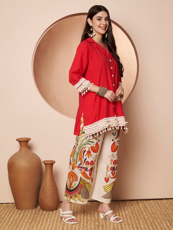 Poshak Hub Women Magenta Co-Ord Set, Shirt Style Tunic with Printed Palazzo