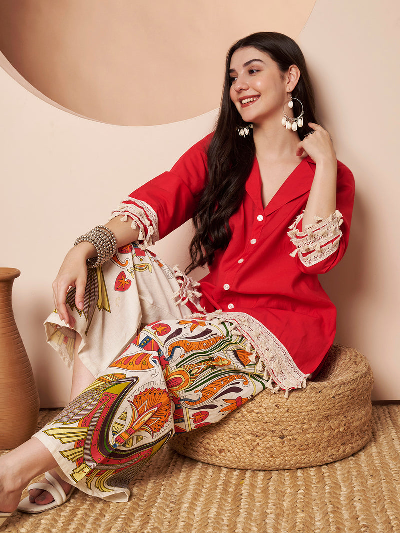 Poshak Hub Women Magenta Co-Ord Set, Shirt Style Tunic with Printed Palazzo