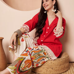 Poshak Hub Women Magenta Co-Ord Set, Shirt Style Tunic with Printed Palazzo