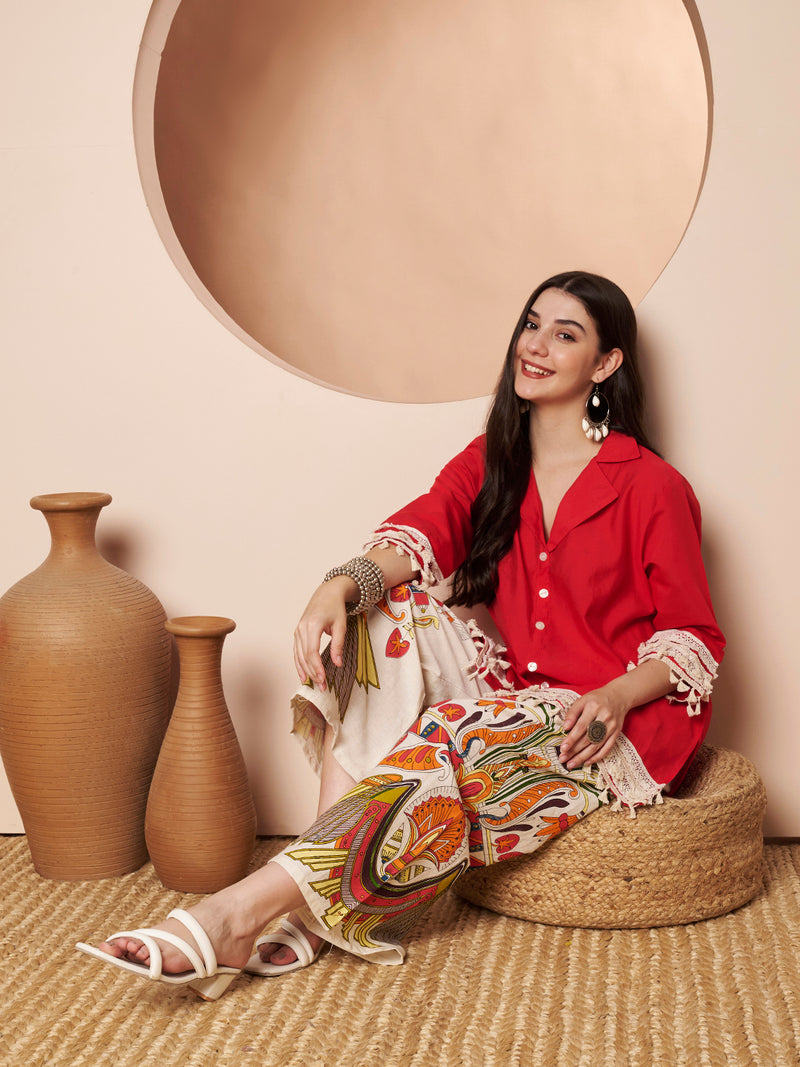 Poshak Hub Women Magenta Co-Ord Set, Shirt Style Tunic with Printed Palazzo