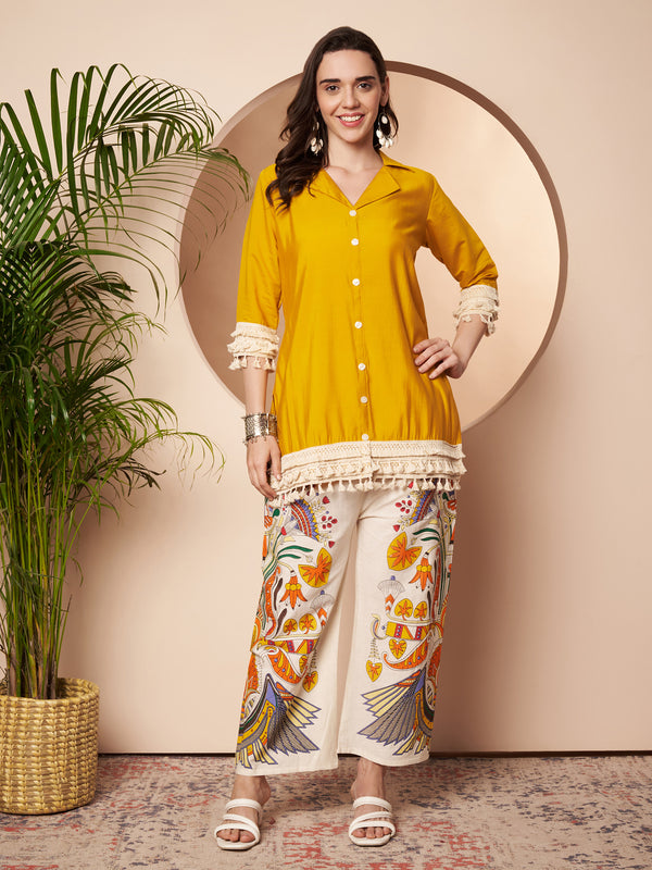 Poshak Hub Women Yellow Co-Ord Set, Shirt Style Tunic with Printed Palazzo