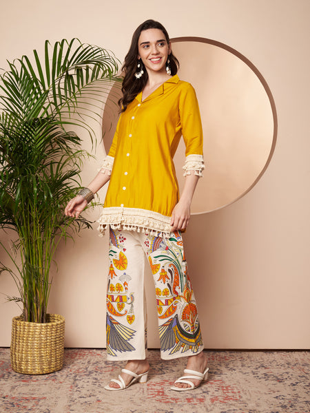 Poshak Hub Women Yellow Co-Ord Set, Shirt Style Tunic with Printed Palazzo