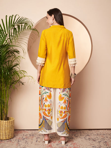 Poshak Hub Women Yellow Co-Ord Set, Shirt Style Tunic with Printed Palazzo