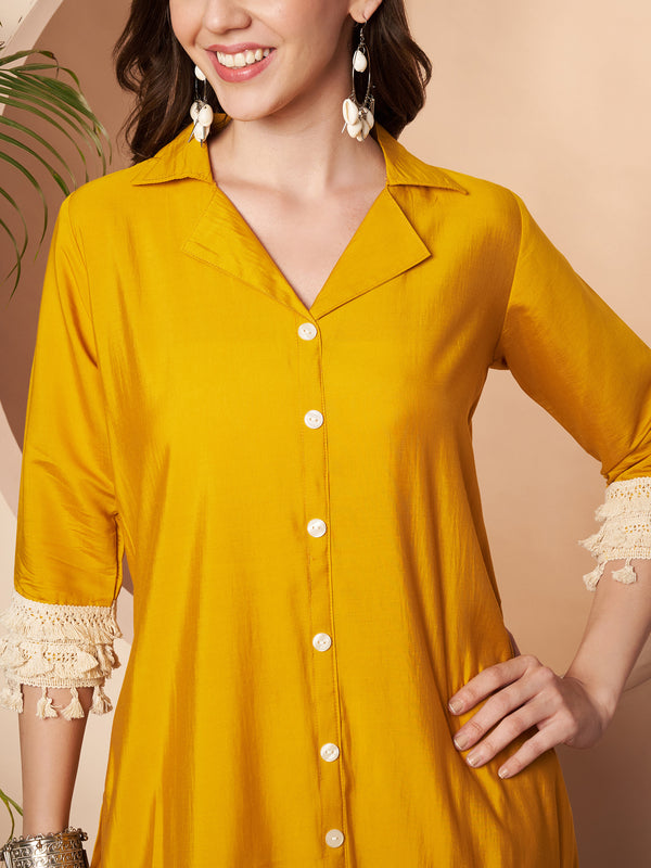 Poshak Hub Women Yellow Co-Ord Set, Shirt Style Tunic with Printed Palazzo