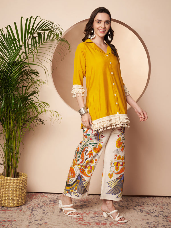 Poshak Hub Women Yellow Co-Ord Set, Shirt Style Tunic with Printed Palazzo
