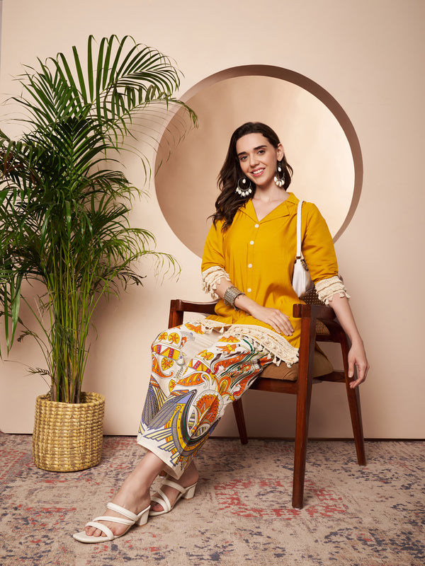 Poshak Hub Women Yellow Co-Ord Set, Shirt Style Tunic with Printed Palazzo