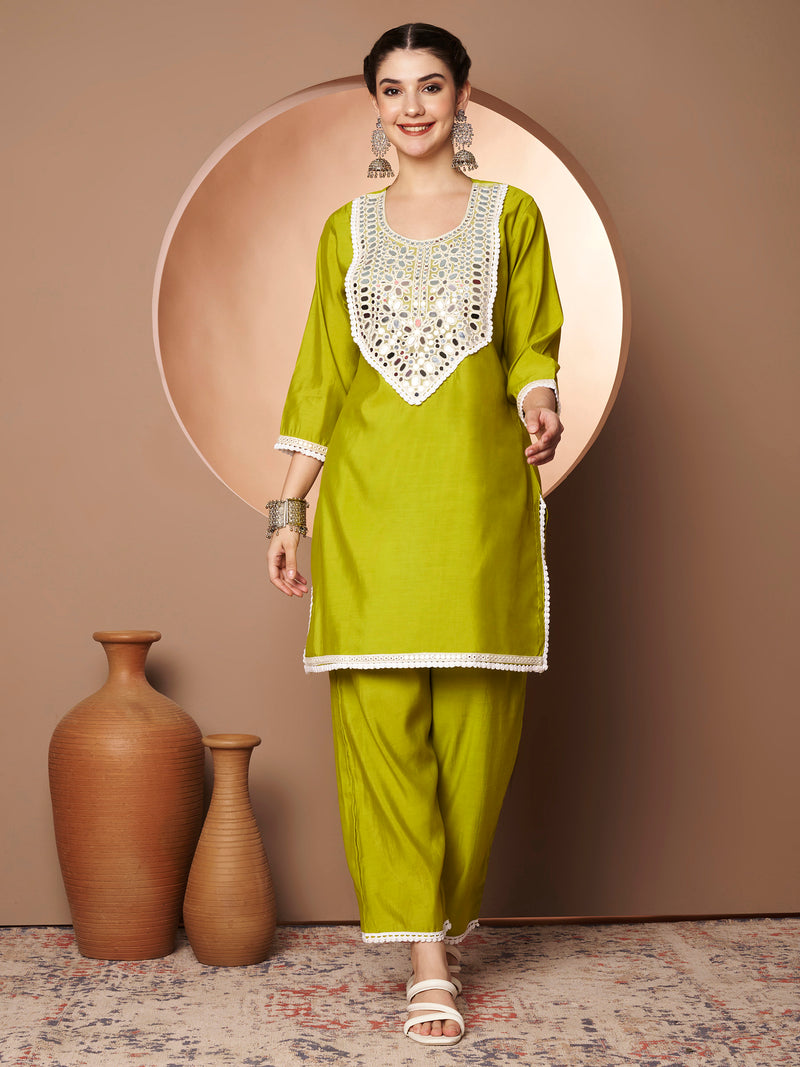 Poshak Hub Women Lime Green Embroidered Neck Co-Ord Set