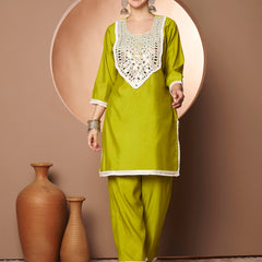 Poshak Hub Women Lime Green Embroidered Neck Co-Ord Set