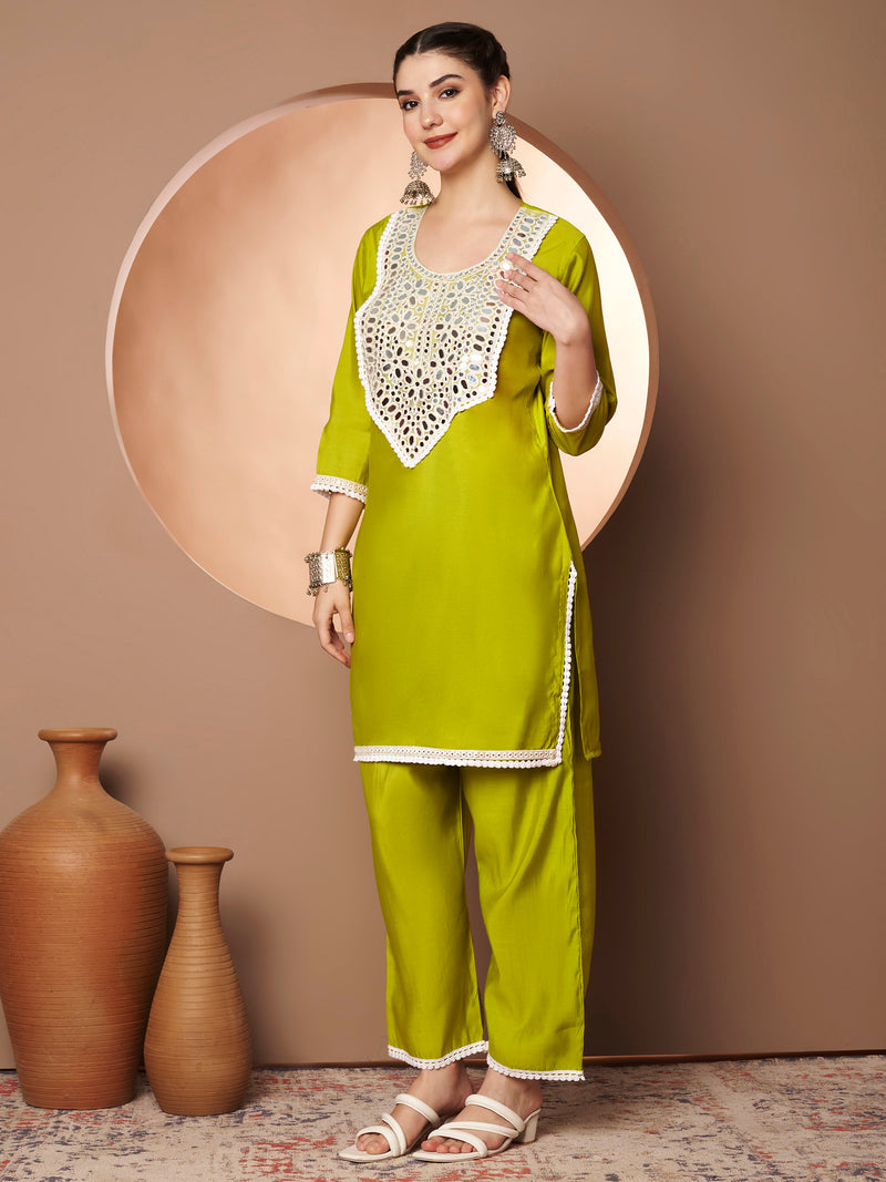 Poshak Hub Women Lime Green Embroidered Neck Co-Ord Set