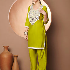 Poshak Hub Women Lime Green Embroidered Neck Co-Ord Set