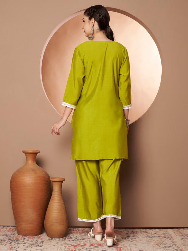 Poshak Hub Women Lime Green Embroidered Neck Co-Ord Set