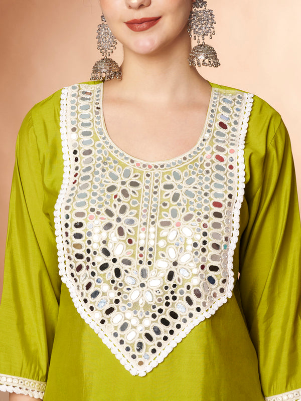 Poshak Hub Women Lime Green Embroidered Neck Co-Ord Set