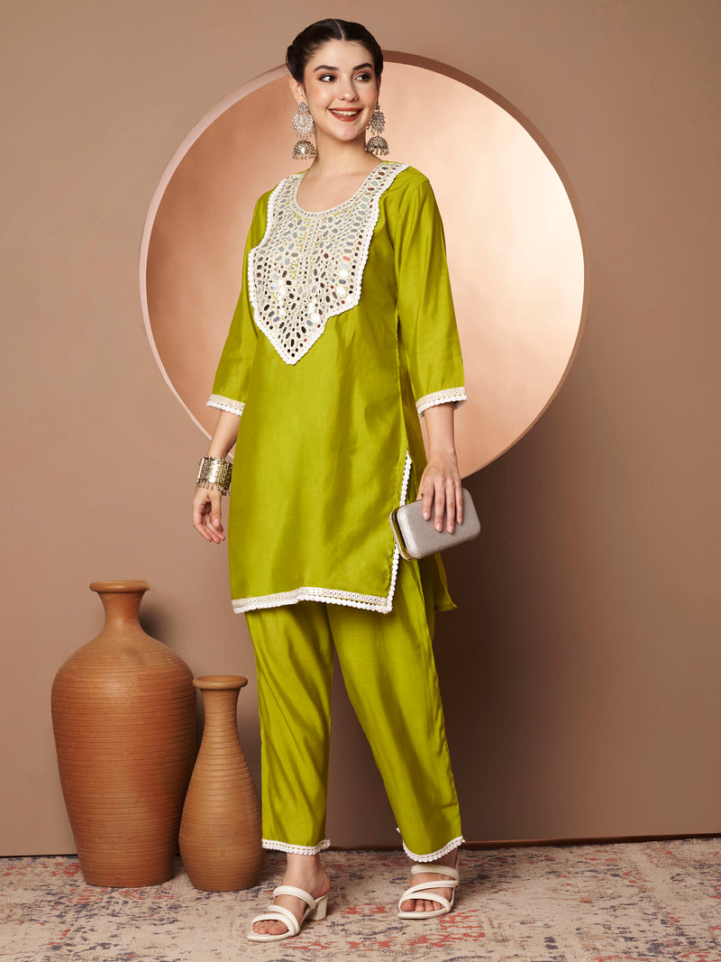 Poshak Hub Women Lime Green Embroidered Neck Co-Ord Set