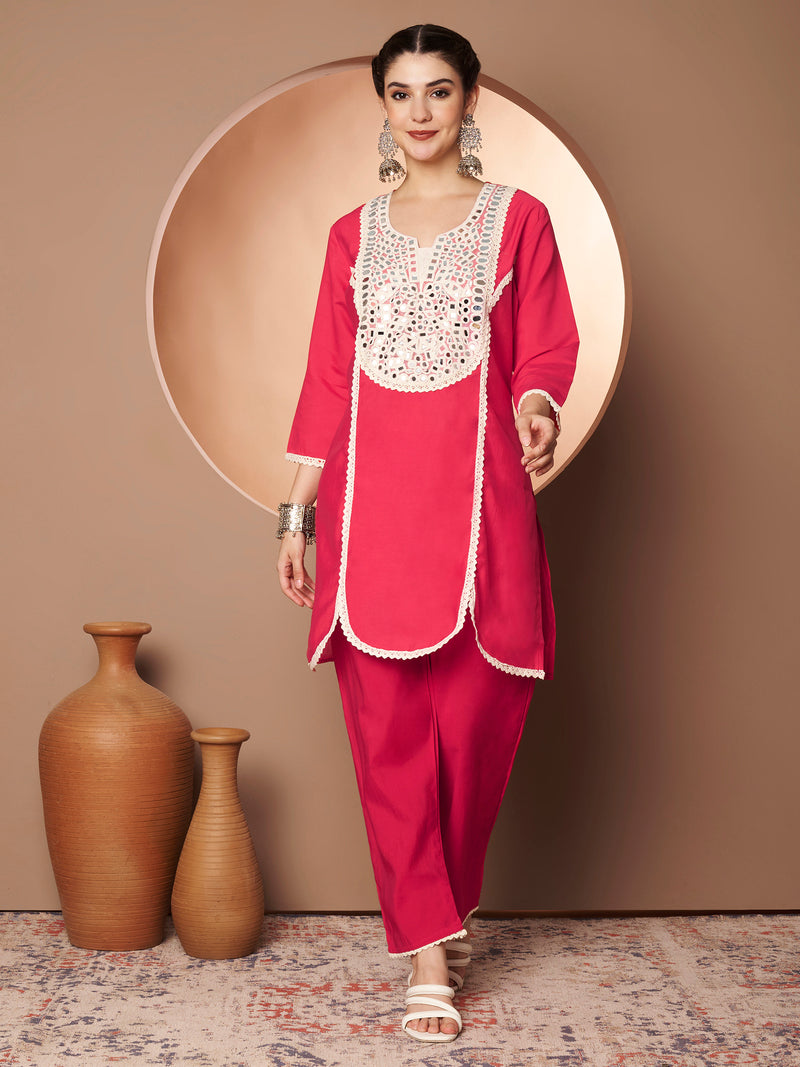 Poshak Hub Women Magenta Embroidered Neck Co-Ord Set