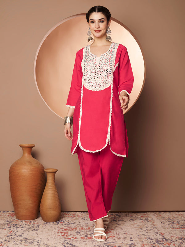 Poshak Hub Women Magenta Embroidered Neck Co-Ord Set