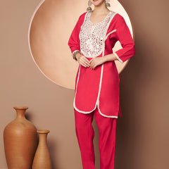 Poshak Hub Women Magenta Embroidered Neck Co-Ord Set