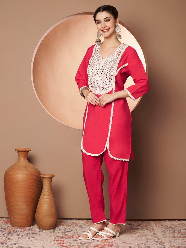 Poshak Hub Women Magenta Embroidered Neck Co-Ord Set