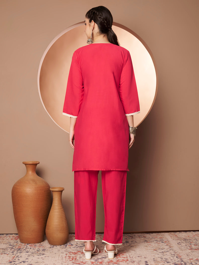 Poshak Hub Women Magenta Embroidered Neck Co-Ord Set