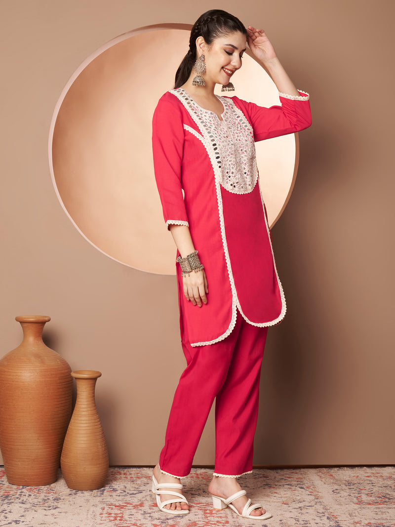 Poshak Hub Women Magenta Embroidered Neck Co-Ord Set