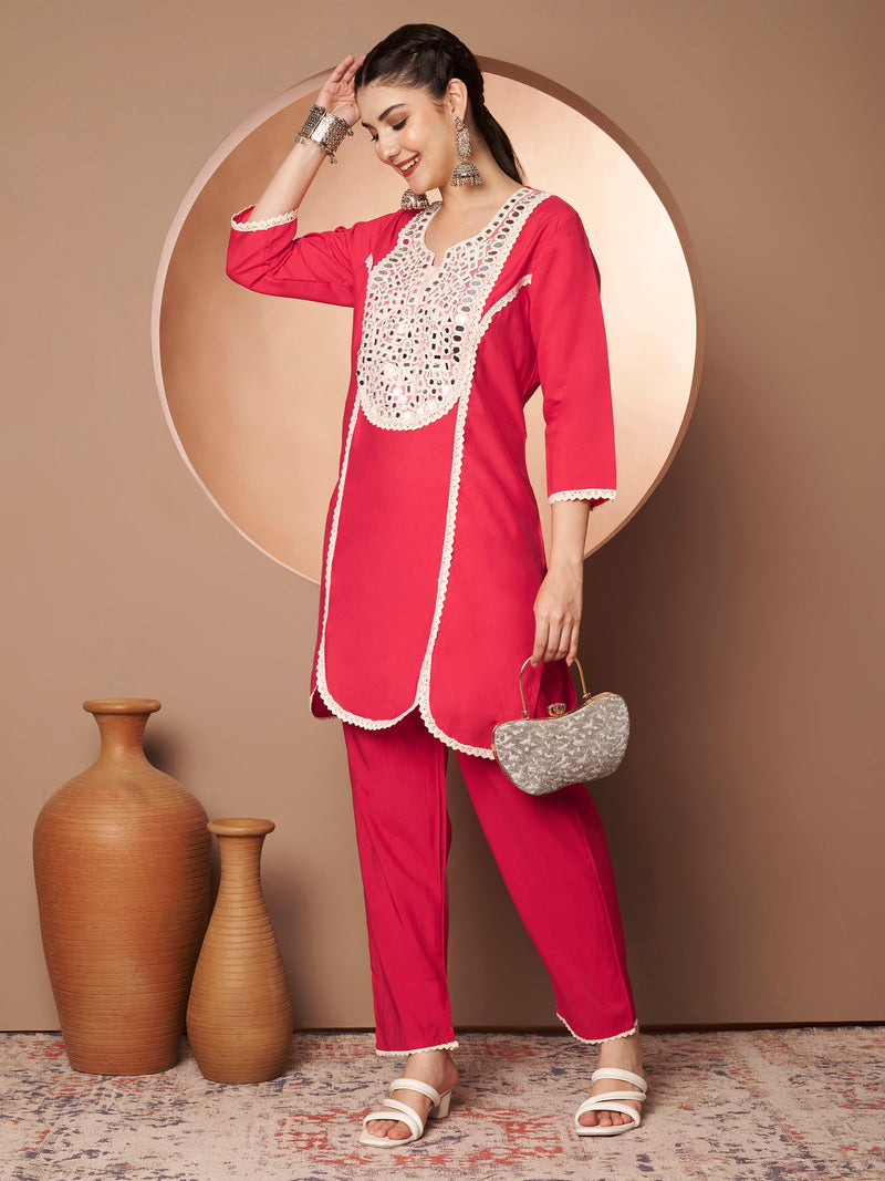 Poshak Hub Women Magenta Embroidered Neck Co-Ord Set