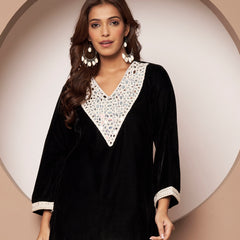 Poshak Hub Women Black Premium Velvet Mirror Work V Neck Top