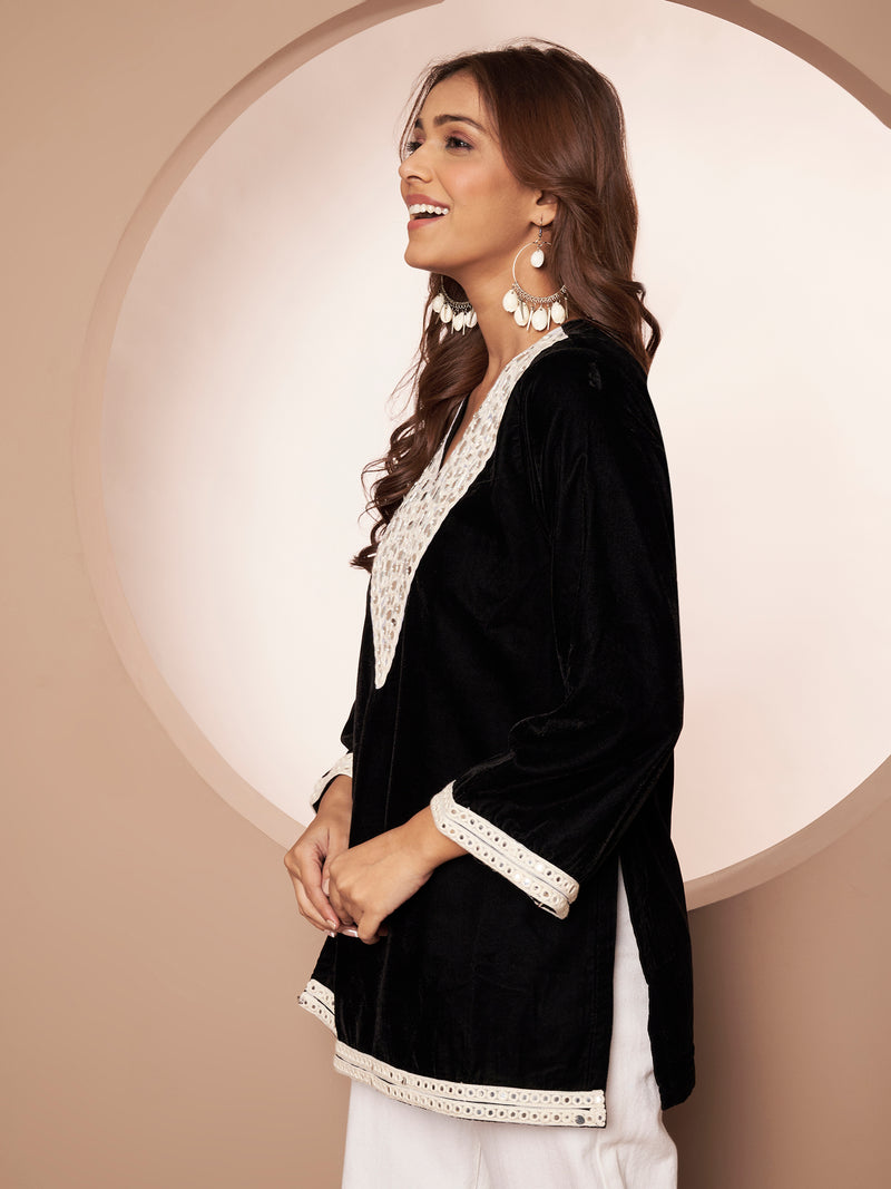 Poshak Hub Women Black Premium Velvet Mirror Work V Neck Top