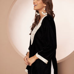 Poshak Hub Women Black Premium Velvet Mirror Work V Neck Top