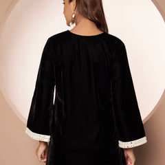 Poshak Hub Women Black Premium Velvet Mirror Work V Neck Top
