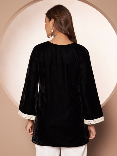 Poshak Hub Women Black Premium Velvet Mirror Work V Neck Top