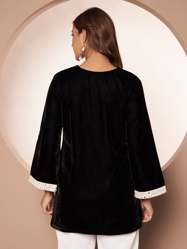 Poshak Hub Women Black Premium Velvet Mirror Work V Neck Top