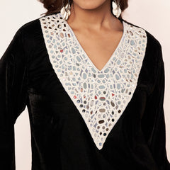 Poshak Hub Women Black Premium Velvet Mirror Work V Neck Top