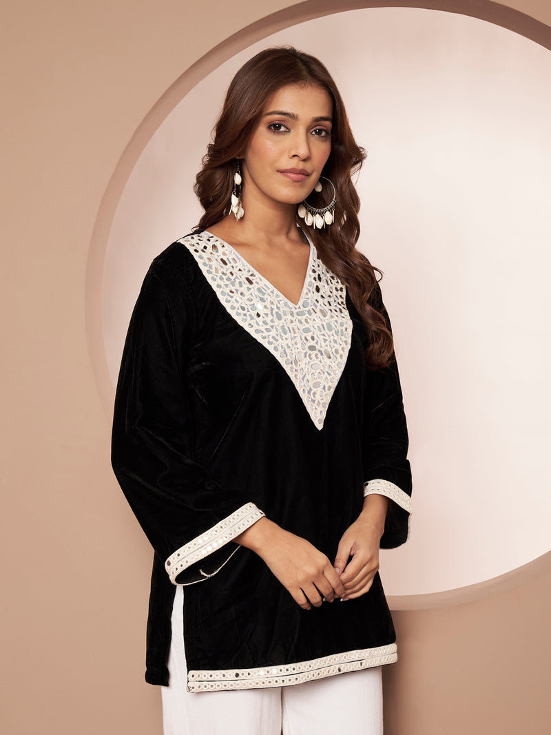 Poshak Hub Women Black Premium Velvet Mirror Work V Neck Top