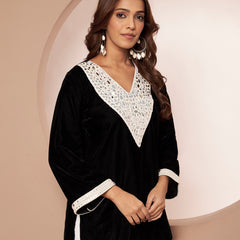 Poshak Hub Women Black Premium Velvet Mirror Work V Neck Top