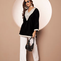 Poshak Hub Women Black Premium Velvet Mirror Work V Neck Top