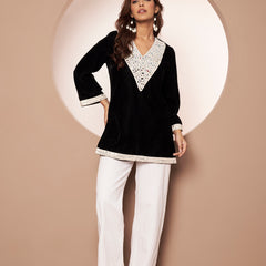 Poshak Hub Women Black Premium Velvet Mirror Work V Neck Top