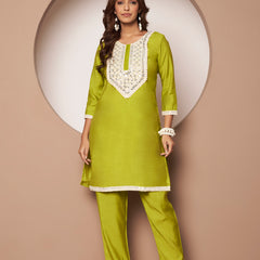 Poshak Hub Women Lime Green Embroidered Neck Co-Ord Set
