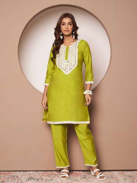 Poshak Hub Women Lime Green Embroidered Neck Co-Ord Set