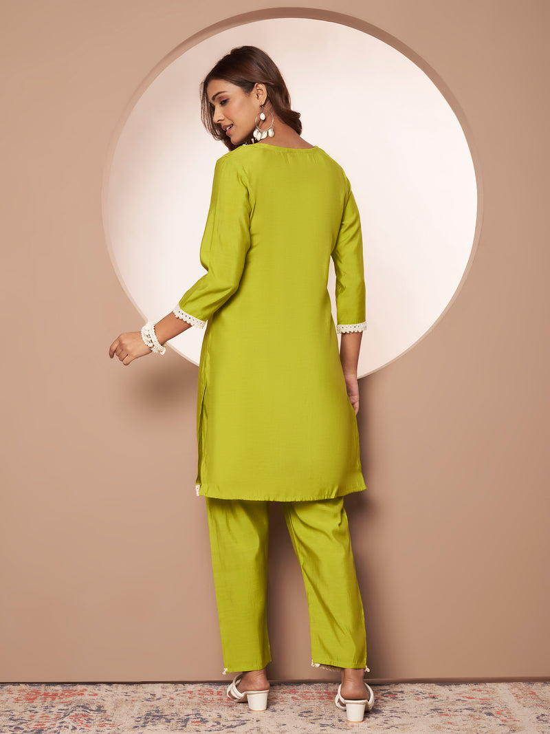Poshak Hub Women Lime Green Embroidered Neck Co-Ord Set