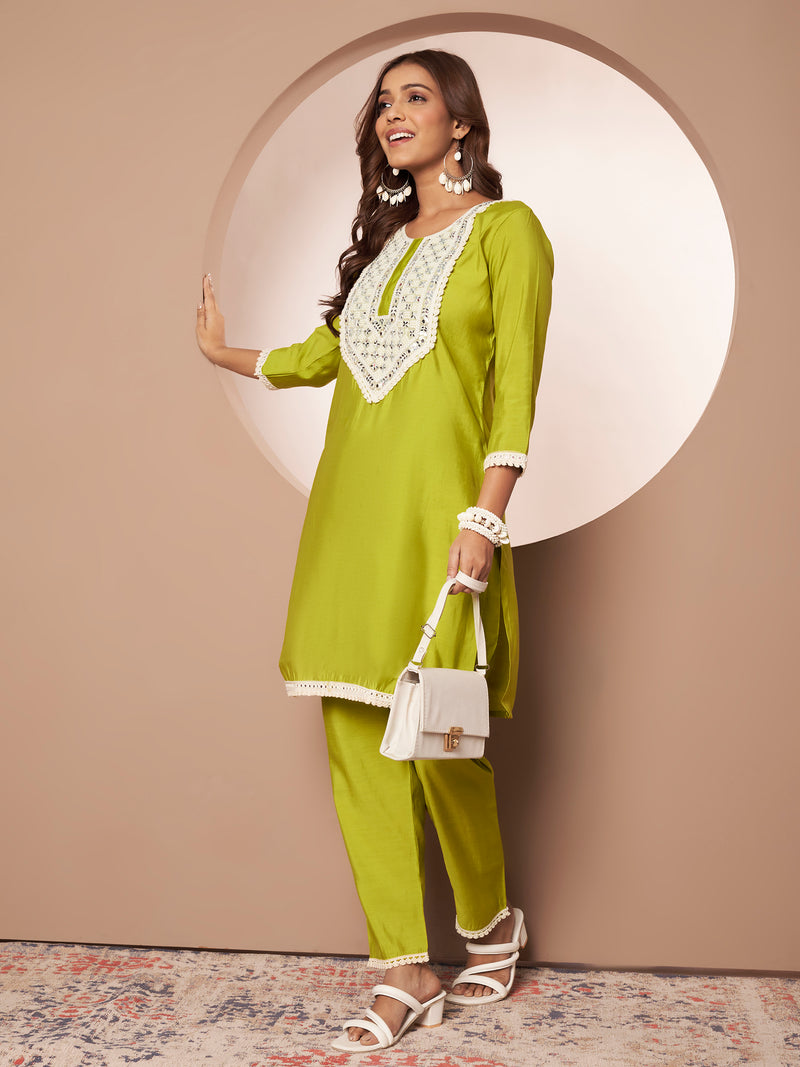 Poshak Hub Women Lime Green Embroidered Neck Co-Ord Set