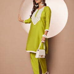 Poshak Hub Women Lime Green Embroidered Neck Co-Ord Set