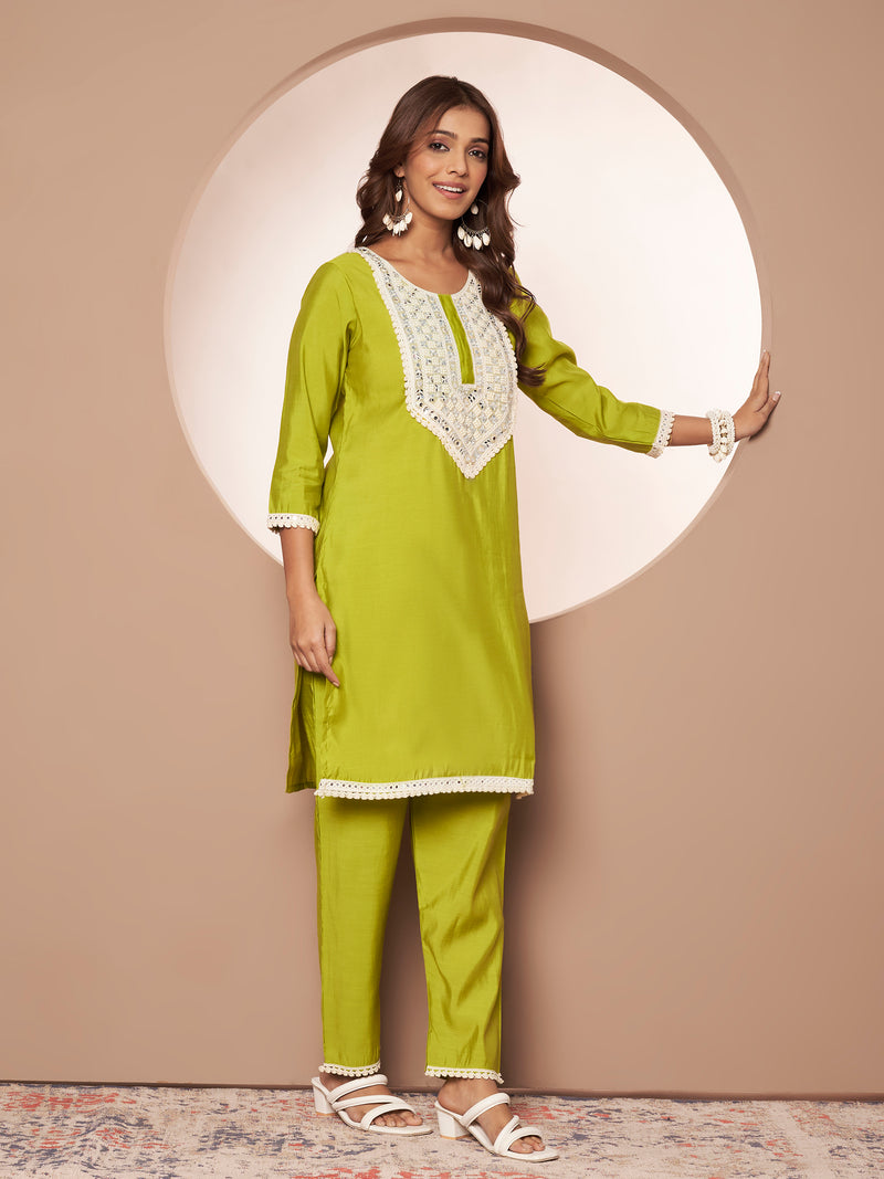 Poshak Hub Women Lime Green Embroidered Neck Co-Ord Set