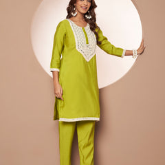 Poshak Hub Women Lime Green Embroidered Neck Co-Ord Set