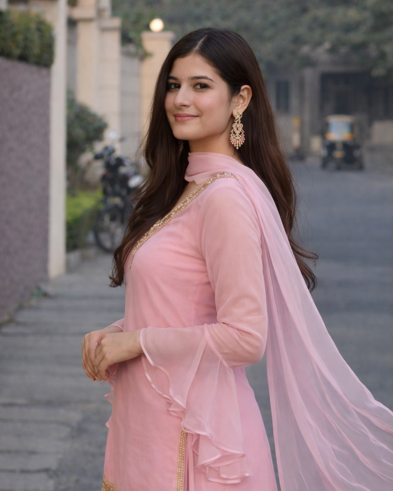 Baby Pink Georgette Kurta Set with Palazzo & Dupatta – Gold Embroidered Border