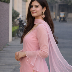 Baby Pink Georgette Kurta Set with Palazzo & Dupatta – Gold Embroidered Border