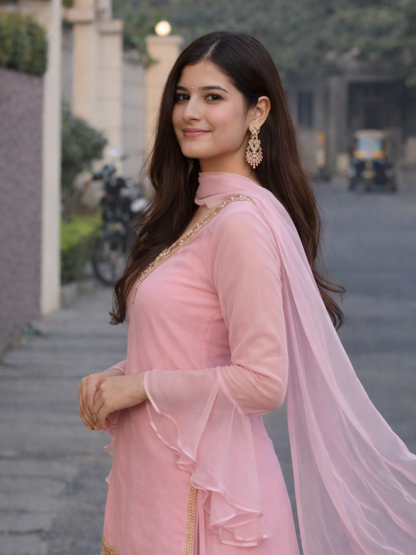 Baby Pink Georgette Kurta Set with Palazzo & Dupatta – Gold Embroidered Border