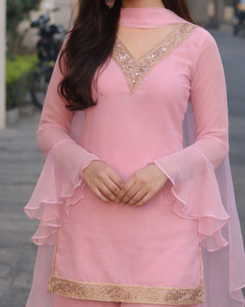 Baby Pink Georgette Kurta Set with Palazzo & Dupatta – Gold Embroidered Border