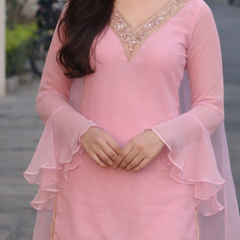Baby Pink Georgette Kurta Set with Palazzo & Dupatta – Gold Embroidered Border